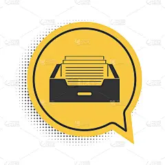 黑色抽屉与文件图标隔离在白色背景。归档文件的抽屉里。文件柜的抽屉里。办公家具。黄色语音气泡符号。向量