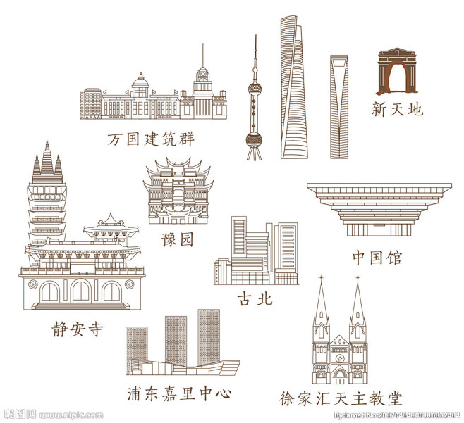 上海标志性建筑线稿图