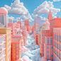 Looking down on the city, commercial streets in the clouds,Blue sky and white clouds， vibrant street scenes， summer parties， light pink and lightorange，rounded buildings， soft and dreamy depictions， low angles， pop matte style，bright colors， blind box toy