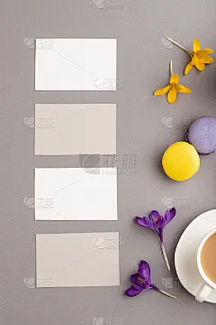 灰色和白色的名片模型与春天雪花莲番红花，杯咖啡，灰色柔和的背景上的彩色杏仁饼干。空白，名片，俯视图，