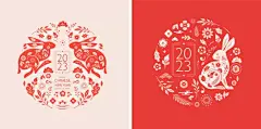 中国农历2023年的兔年——红色的中国传统图案有兔子、小兔子。农历新年概念，现代设计。插画图片