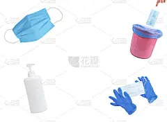 新冠肺炎疫情防控主题海报，有文字自由空间、医用口罩、消毒瓶、乳胶手套、垃圾桶。