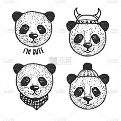 手绘卡通熊猫头像套装。向量的插图。