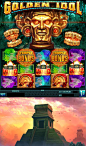 Golden Idol™ symbols, idle top screen, temple bonus transition animation screenshots. Animations created by Oscar Alatorre. Digital slot game created by Everi inc.