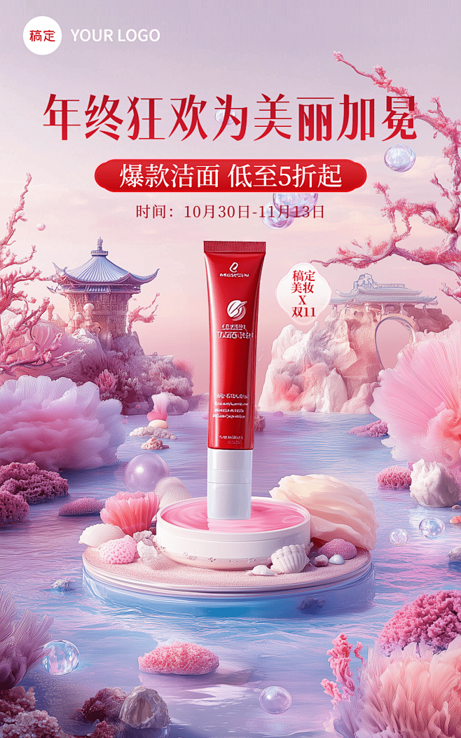双十一美妆护肤化妆品虚拟自然电商竖版海报...