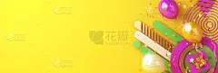 新年快乐横幅设计创意概念，几何，气球，礼盒，黄色背景上闪闪发光的五彩纸屑。复制空格文字区，平铺。