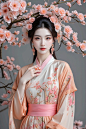 Full body portrait, Chinese sexy beauty, snow-white skin,
Peach Blossom Demon: In a blooming peach blossom forest, a banshee dressed in clothes woven from peach blossom petals dances among the flowers. She had a bright smile on her face and her eyes were 