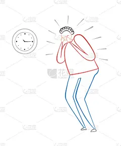 这个人看着时钟，非常紧张，手绘矢量图。
