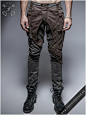 Apocalypse - men's trousers by punk rave. Code: K-241. Stone-wash style pants with synthetic leather details and brass colour studs and pendants. #steampunk #apocalypse | Fantasmagoria.shop - retail & wholesale Gothic clothes and accessories : Apocaly