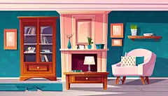AI矢量卡通手绘室内空间场景插画阁楼客厅厨房家具H5网页设计素材