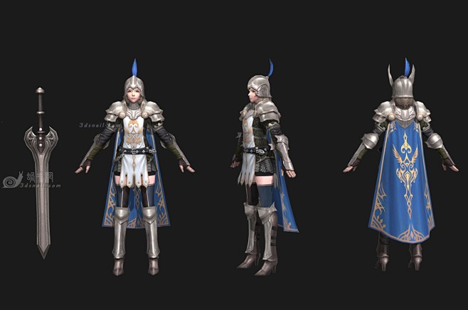 女骑士一，皇家骑士团，十字军，贵族，圣殿骑士，铠甲剑盾步兵战士肉盾甲大剑巨剑 - 角色 3dsnail模型网