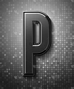 3d黑色字体与闪光，时髦的压缩字母无衬线，现代斜面字母P在像素背景，马赛克矢量插图10eps。