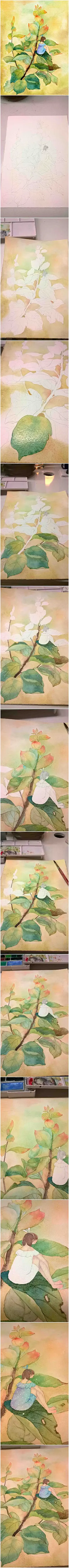 -插画家园-插画家园世界好大，我很小。-插画家园最近基本就是这个呆呆的状态。想画一个大色调为黄绿色的，在记得的时候拍了些过程。[-插画家园