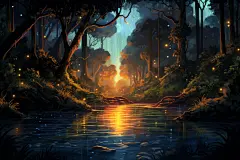 盛夏神秘童话世界密林仙境的插画