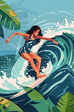 扁平风冲浪夏季手绘插画