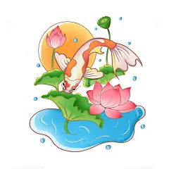 国潮中国风锦鲤荷花荷叶水太阳手绘插画元素高清模板免费下载-趣麦麦图