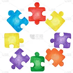 4月2日是自闭症宣传日。水彩画手绘图解，圆形画框彩色拼图，卡通风格手绘嵌图。海报、残疾儿童广告