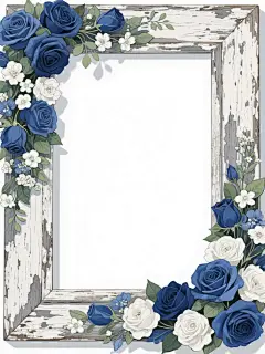 一个复古做旧风格的木质相框，相框边缘呈现出斑驳的灰白色调，带有明显的磨损和风化痕迹，木质纹理清晰可见。相框的四角和边框上装饰着大量盛开的花卉，左侧和右侧边框主要是深蓝色的玫瑰花，点缀着白色的小花和绿色的叶子，底部边框也有蓝色和白色的花朵簇拥，花朵形态饱满，花瓣层次分明，带有细腻的阴影和高光表现，呈现出半写实的插画质感。相框中间区域为纯白色，整个图像的背景为纯白色，整体构图对称平衡，花卉装饰自然垂落，营造出优雅而略带复古的氛围。