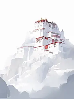 布达拉宫被白色浓雾包围，佛教禅宗平面插图海报