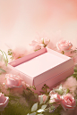 the photograph of a pink box and flowers, in the style of expansive, pale palette, storybook-esque, photobashing, flat surfaces, lush and detailed, sleek