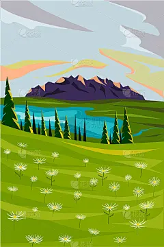 美丽的风景，山，湖，森林和鲜花。景观和日落。夏天的风景。带有风景的明信片。