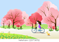 春天樱花盛开的公园骑自行车游玩的女孩
