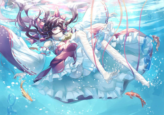 插画 少女 头像 原创 壁纸 o0oo0o0o0o0o0 东方project 博丽灵梦 水中