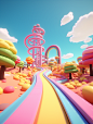 a rainbow colored path in an endless setting, in the style of rendered in cinema4d, kawaii, dynamic structures, whimsical narratives, rollerwave