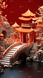 年货节中国风中式3D立体微缩建筑展台背景图片素材