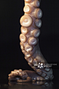 Close-up of fresh octopus tentacle on table against black background