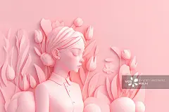 【AI数字艺术】妇女节粉色女性头部花卉唯美纸雕剪纸三维图图片素材