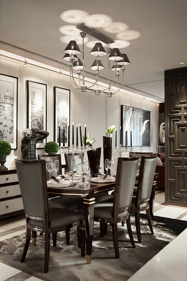 中式风格别墅六室三厅餐厅餐桌灯具壁画地毯...