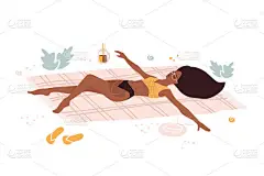 女孩在夏天的草地上休息和晒日光浴。身穿泳衣、戴着太阳镜躺在海滩上的年轻女子的头像。Tredny平面矢