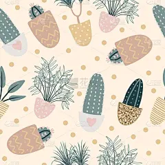 无缝图案装饰室内植物。花盆里的时髦植物。一套美丽自然的家居装饰。平面彩色矢量插图与金色纹理。