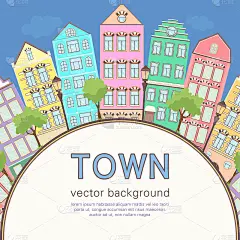 丰富多彩的城市背景，抽象程式化的房屋名片、横幅、封面。彩色的欧洲房屋排成一行，蓝色的天空，草坪，灯光