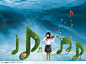 音乐主题海报广告素材：绿色音符和在海底拉小提琴的小女孩图片下载，现在加入素材公社即可参与传素材送现金活动
