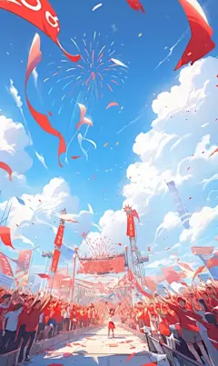 Red and blue colors, the picture is bright and super detailed, the blue sky and white clouds are sunny, magical light, rainbow, fireworks open in the sky, military parade, Tiananmen Square, planes fly upward, tanks and cars on the ground advance in an ord