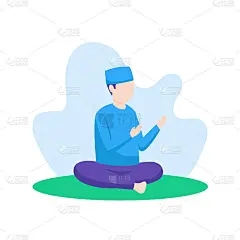穆斯林男子祈祷真主在萨拉特矢量平面插图。伊斯兰人坐着乞讨手势字符设计