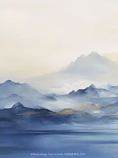 东方美学-鎏金粉蓝|新中式国风山水抽象插画