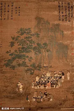 宋徽宗赵佶文会图
这幅画充分表现徽宗院画精致明净的风格。宋徽宗与宠臣蔡京也在画上留下题跋，以此作为帝王统治下人才云集的象征图像。