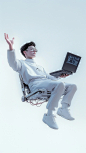 A boy holding a computer floating in the air, full body, reaching out, half robot, artificial intelligence, white and silver, cyberpunk realism, porcelain Candid portrait, technological sense, sref