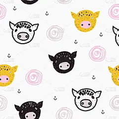 手绘图案与可爱的猪在斯堪的纳维亚风格。纺织、织物或海报。孩子的艺术设计