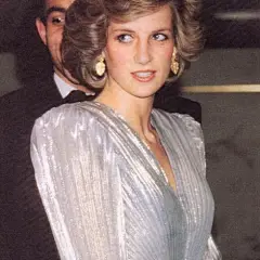 #历史上的时尚#  1985年#戴安娜# 王妃出席伦敦时尚晚会，身穿Bruce Oldfield为她设计的银色露背晚礼服，褶皱飘逸的裙摆，在人群中闪闪发光，王妃少见的银色造型✨ ​​​​