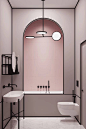 粉系浴室，配上黑色线条，有些像维密天使的调调了