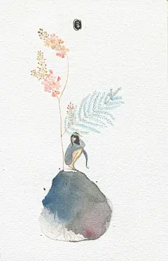 孤独-懒懒灰兔_插画,原创,治愈,水彩,植物,人物,小清新_涂鸦王国插画