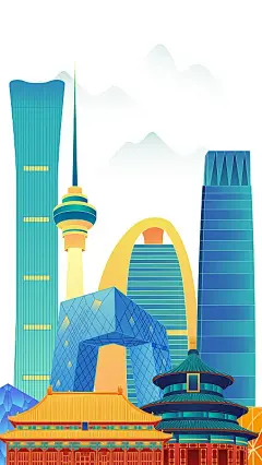 国风广州城市地标建筑城市天际线矢量插画建筑群 中国