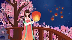 元宵节汉服少女放孔明灯祈福