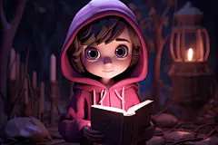 蜡烛下抱着魔法书的卡通小女孩插画