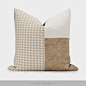 现代样板房设计师沙发自然风靠包浅米咖千鸟格纹麻质织拼接皮方枕-淘宝网