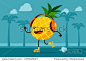 Illustration of pineapple on roller skates listen to music at the beach